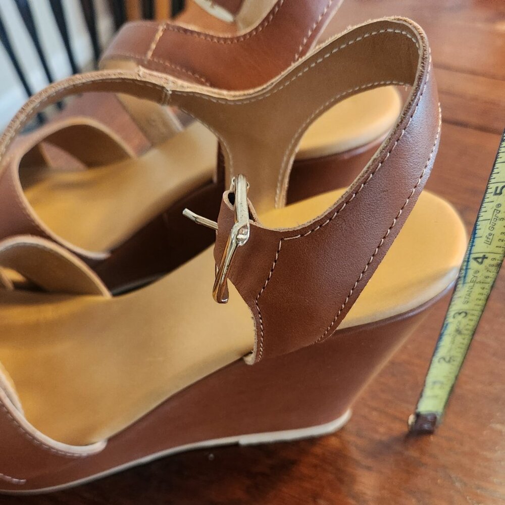 Garnet Hill Italian Leather Caramel Color Wedge Sandals - Picture 7 of 9